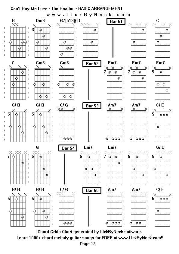 Chord Grids Chart of chord melody fingerstyle guitar song-Can't Buy Me Love - The Beatles - BASIC ARRANGEMENT,generated by LickByNeck software.